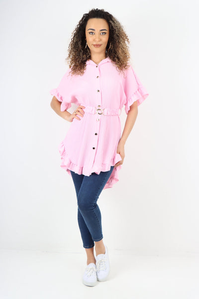 Dip Hem Belted Frill Sleeve Pleated Shirt Top