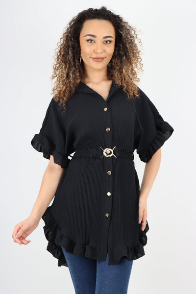 Dip Hem Belted Frill Sleeve Pleated Shirt Top