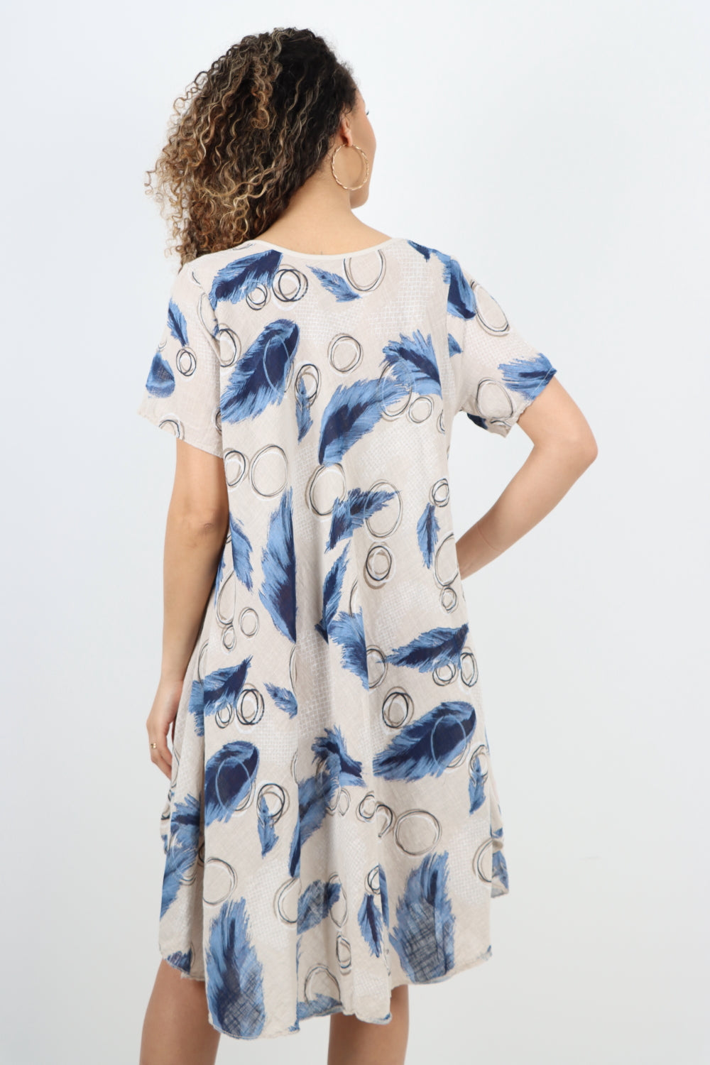 Feather Pattern Cotton Tunic Midi Dress