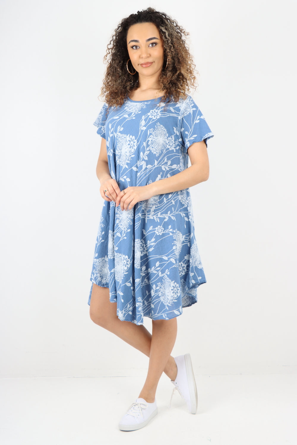 Floral Pattern Short Sleeve Cotton Midi Dress
