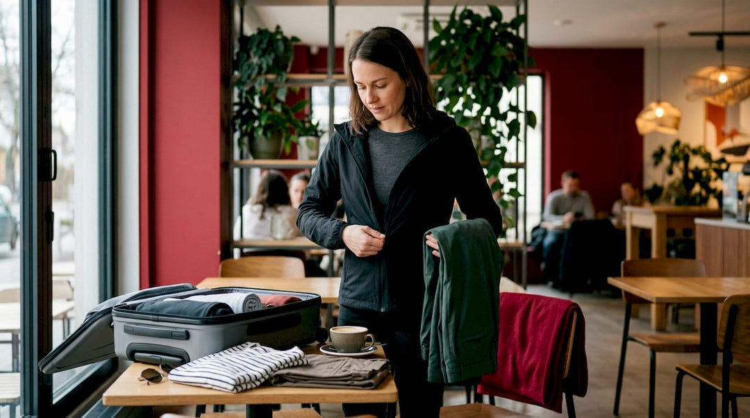 Woman trying on travel jacket indoors