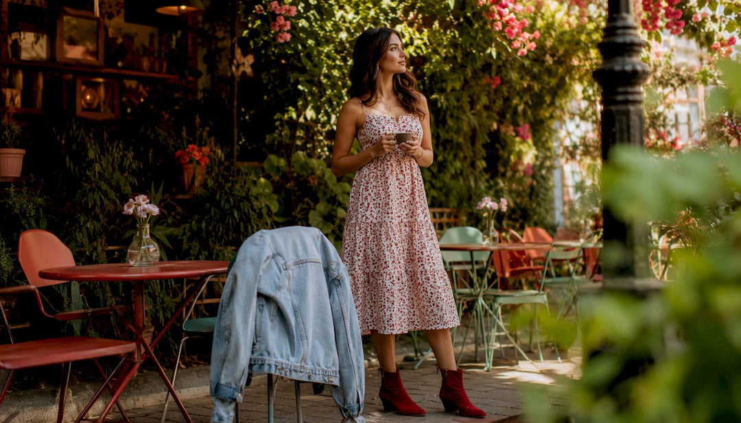 Woman wearing linen co-ord in cafe setting
