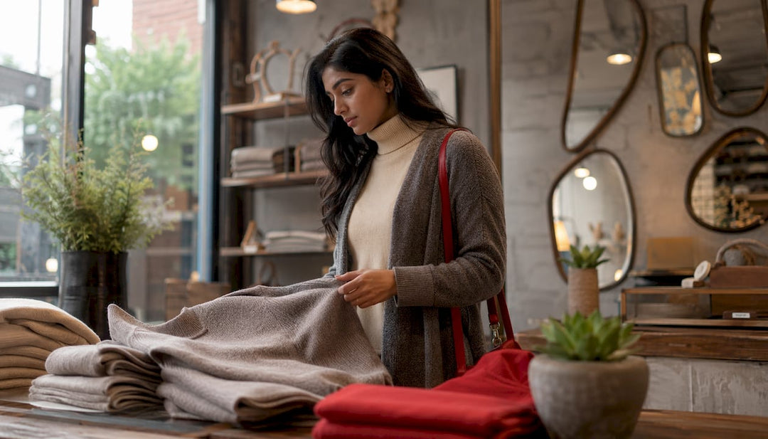 Woman shopping knitwear in boutique