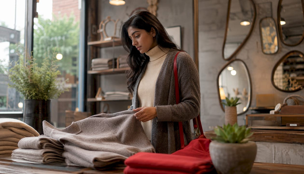 Woman shopping knitwear in boutique