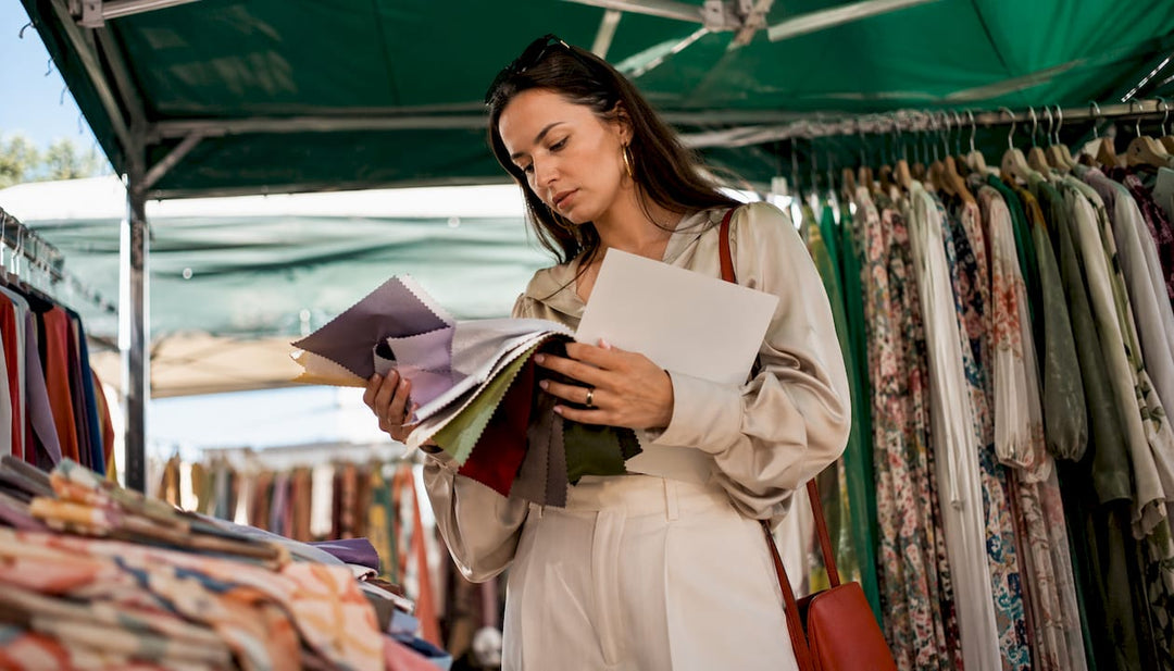 Buyer examining Italian womenswear fabrics in showroom