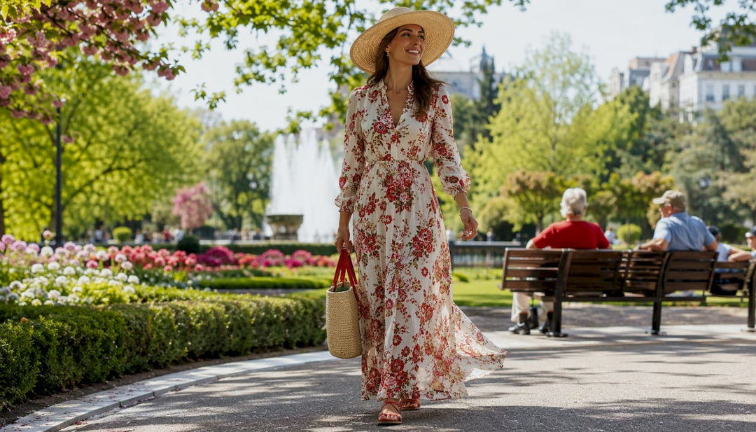 Woman wearing modest summer maxi dress outdoors