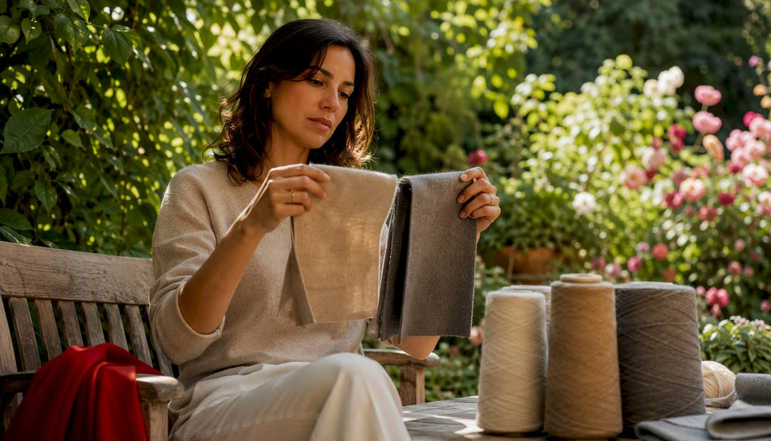 Designer comparing cashmere and merino swatches