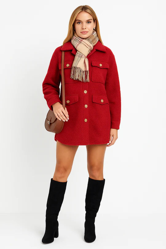 Italian Teddy Boucle Gold Button Fasten Military Style Shacket