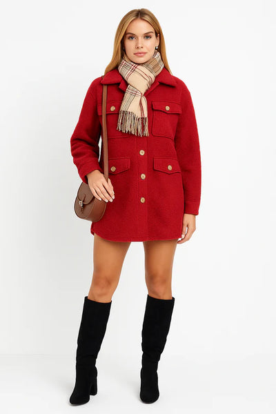 Italian Teddy Boucle Gold Button Fasten Military Style Shacket