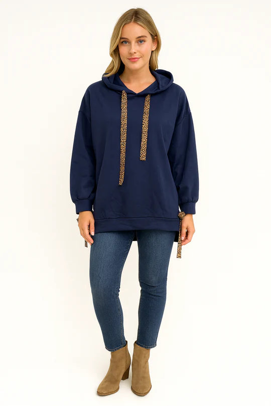 Italian Leopard Trim Relaxed Fit Hoodie Top