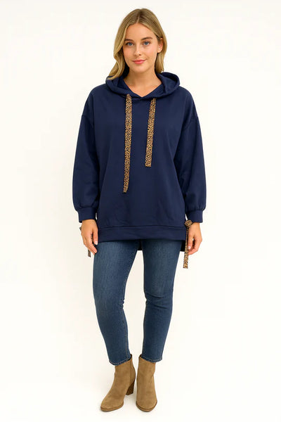 Italian Leopard Trim Relaxed Fit Hoodie Top