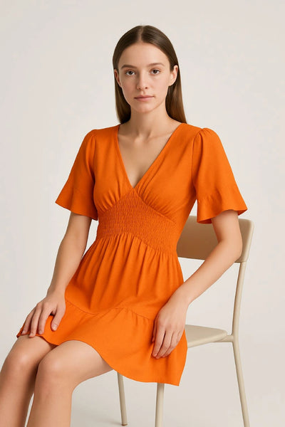 V-Neck Frill Short Sleeve Shirred Elasticated Waist Mini Dress