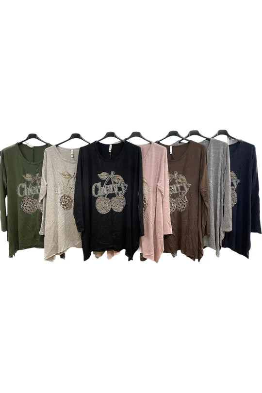 Italian Soft Knit Cherry Print Oversized Tunic Jumper Top