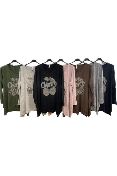 Italian Soft Knit Cherry Print Oversized Tunic Jumper Top