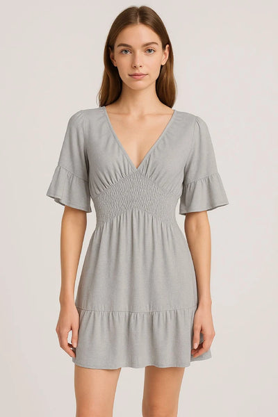V-Neck Frill Short Sleeve Shirred Elasticated Waist Mini Dress