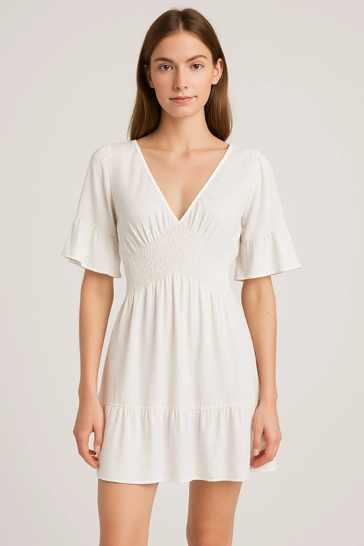 V-Neck Frill Short Sleeve Shirred Elasticated Waist Mini Dress