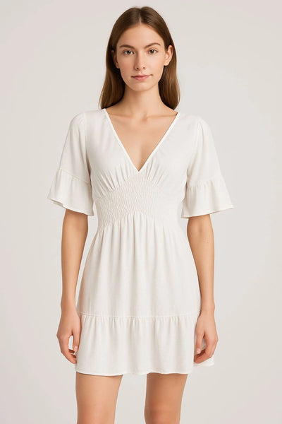 V-Neck Frill Short Sleeve Shirred Elasticated Waist Mini Dress