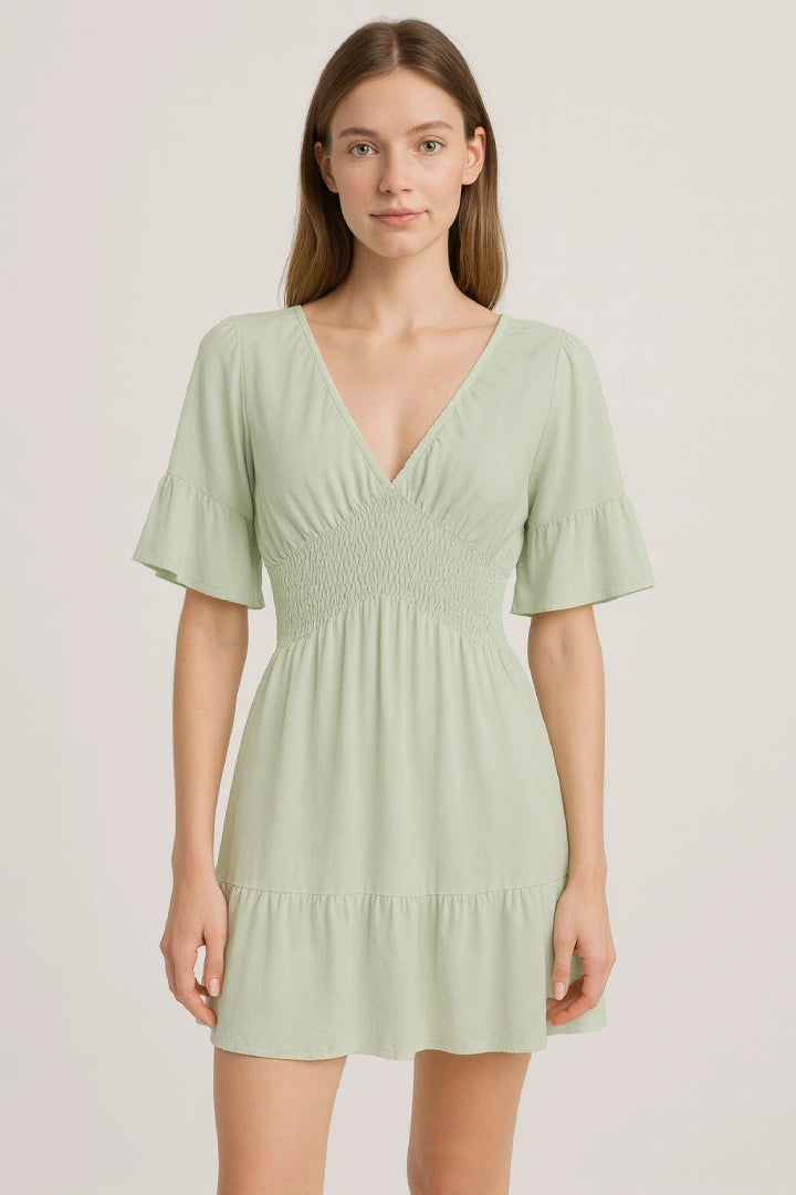 V-Neck Frill Short Sleeve Shirred Elasticated Waist Mini Dress
