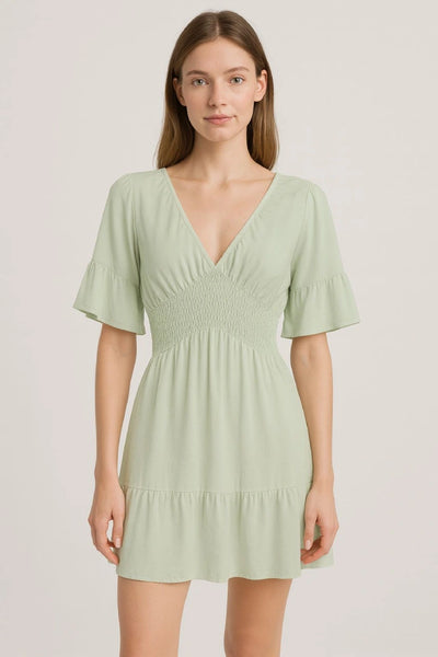 V-Neck Frill Short Sleeve Shirred Elasticated Waist Mini Dress