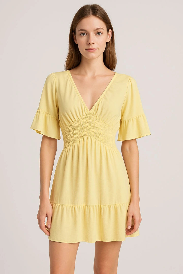 V-Neck Frill Short Sleeve Shirred Elasticated Waist Mini Dress