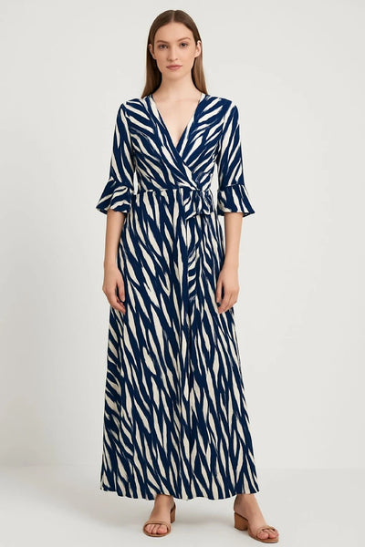 Printed Tie Front Wrap Over Elasticated Waist Frill Short-Sleeve Maxi Dress
