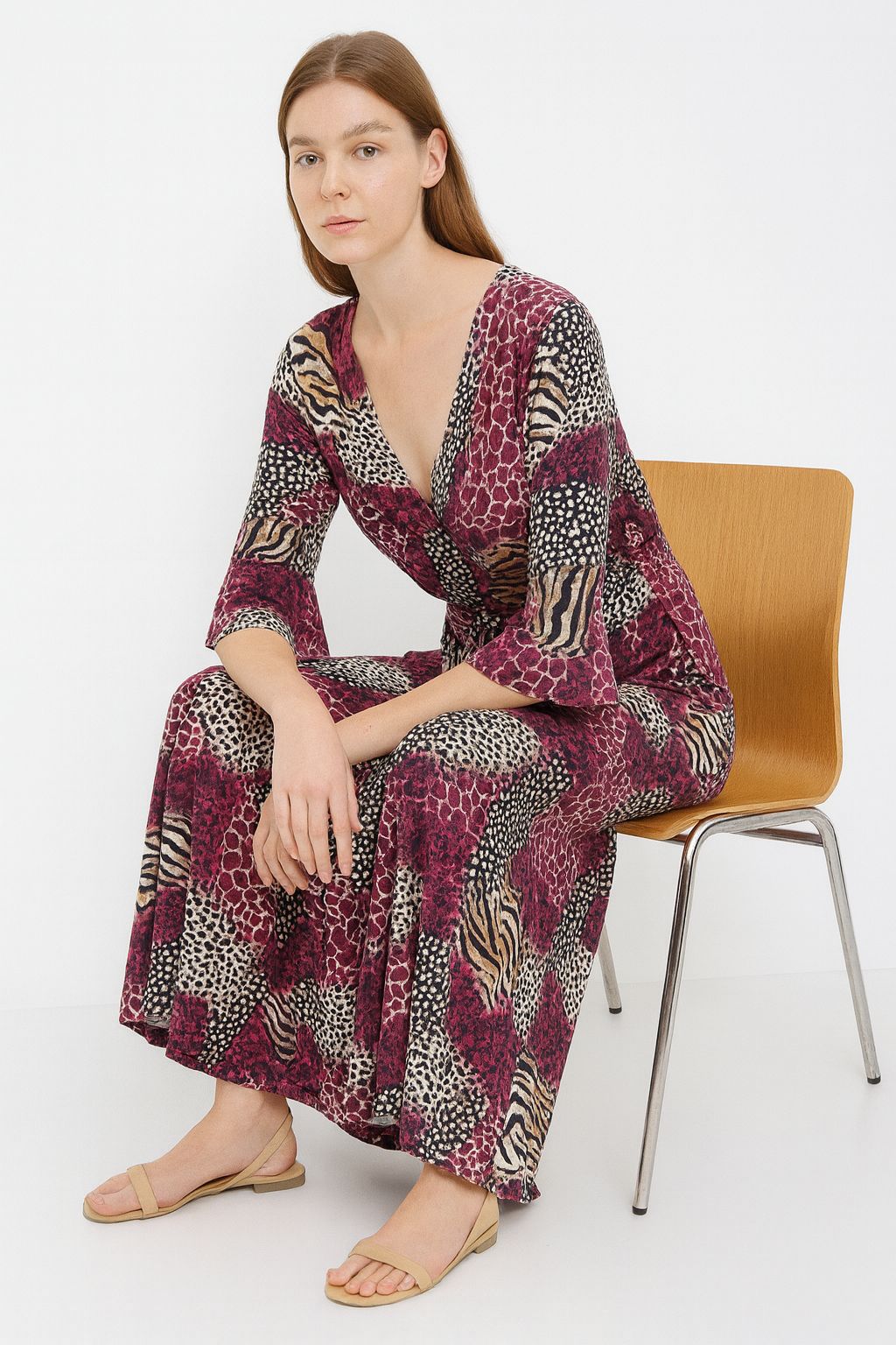 Animal Printed Wrap Over Belted Maxi Dress Elasticated Waist
