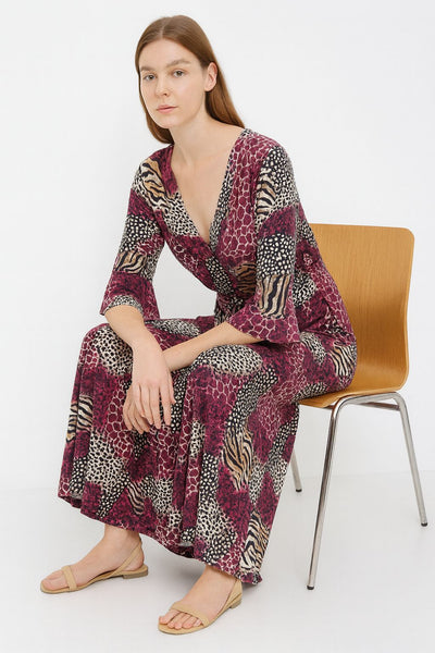 Animal Printed Wrap Over Belted Maxi Dress Elasticated Waist