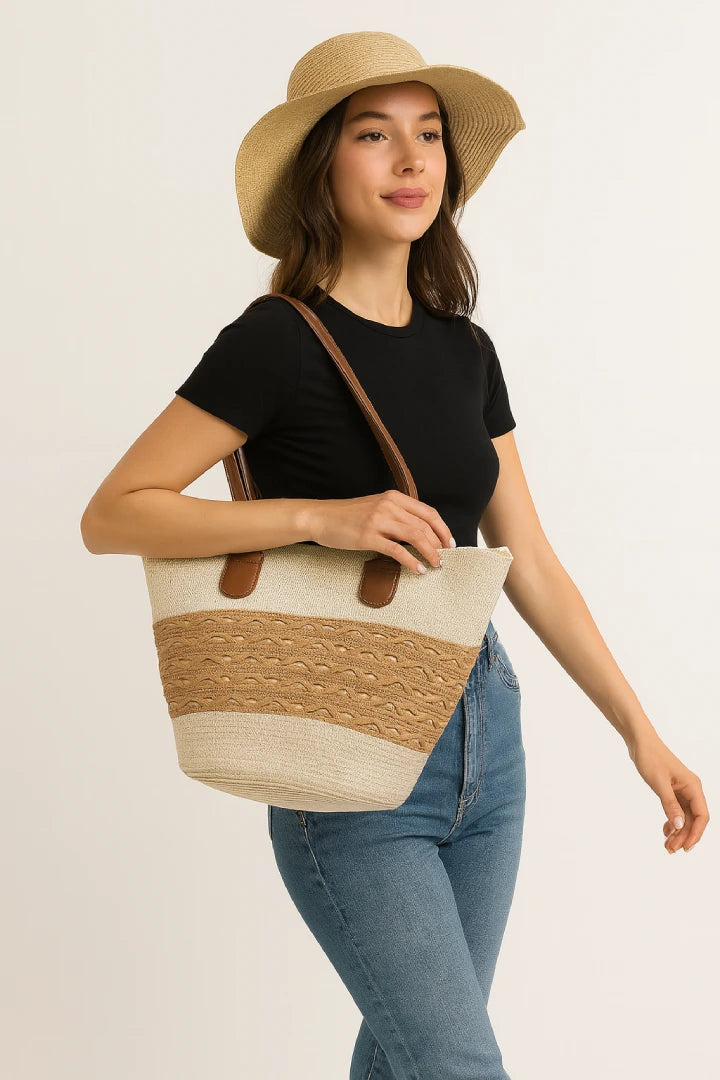 Women Straw Stripe Pattern Tote Beach Bag
