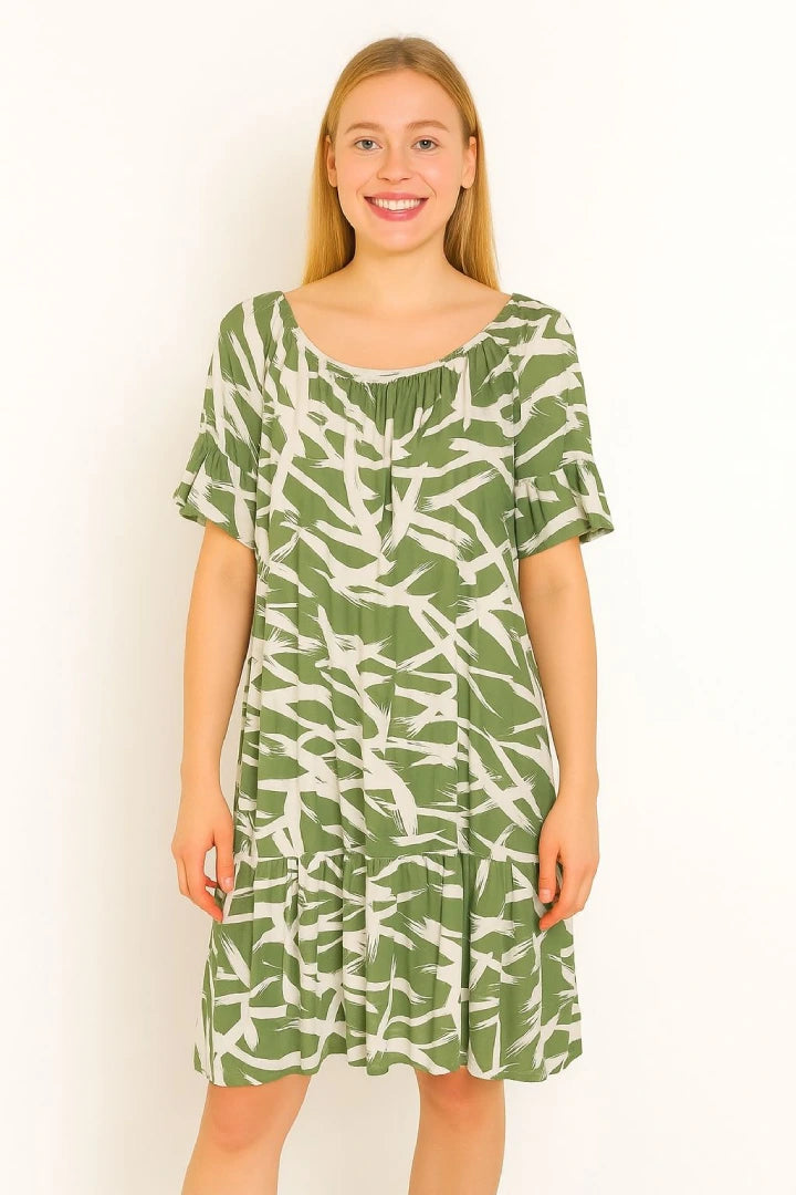 Off shoulder Printed Frill Short Sleeve Lining Inside Midi Dress