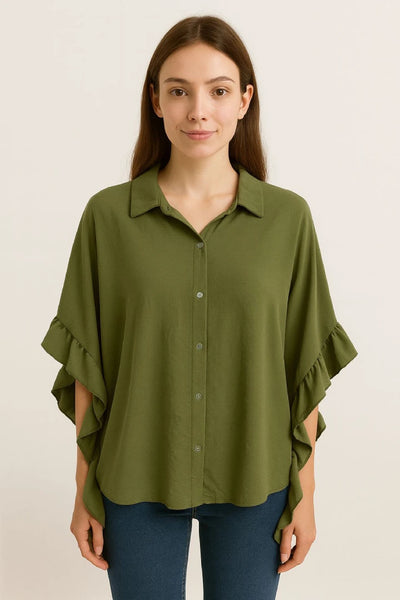 Side Frill Oversized Tunic Shirt Button Down/Up