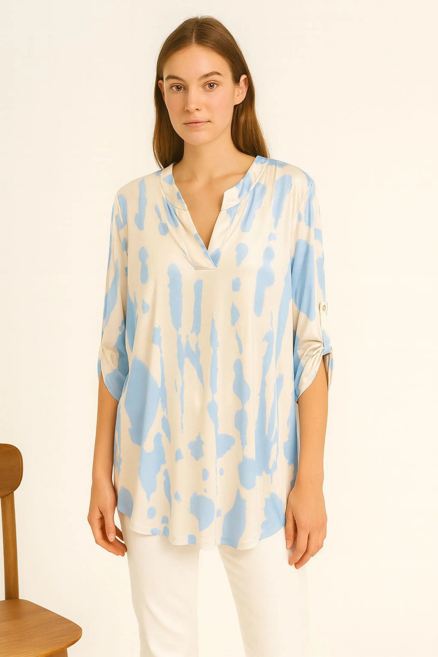 Printed V-neck Grandad Collar Turn-up Sleeve Dip Hem Tunic Top