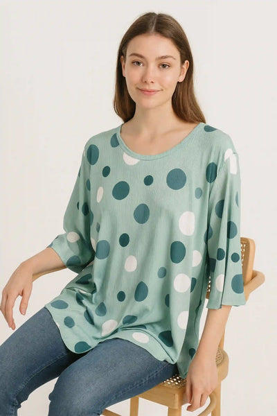 Polka Dot Long-Sleeve Round Neck Oversized Tunic Top
