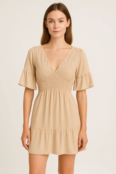 V-Neck Frill Short Sleeve Shirred Elasticated Waist Mini Dress