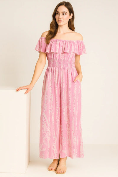 Frill Bardot Layer Sleeveless Shirred Elasticated Waist Printed Jumpsuit