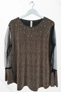 Italian Pearl Stud Detail Mesh Net Sleeve Shimmer Top