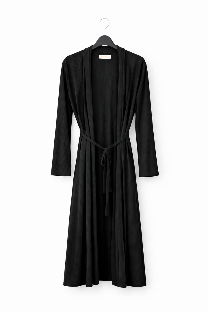 Plain Ribbed Longline Belted Cardigan