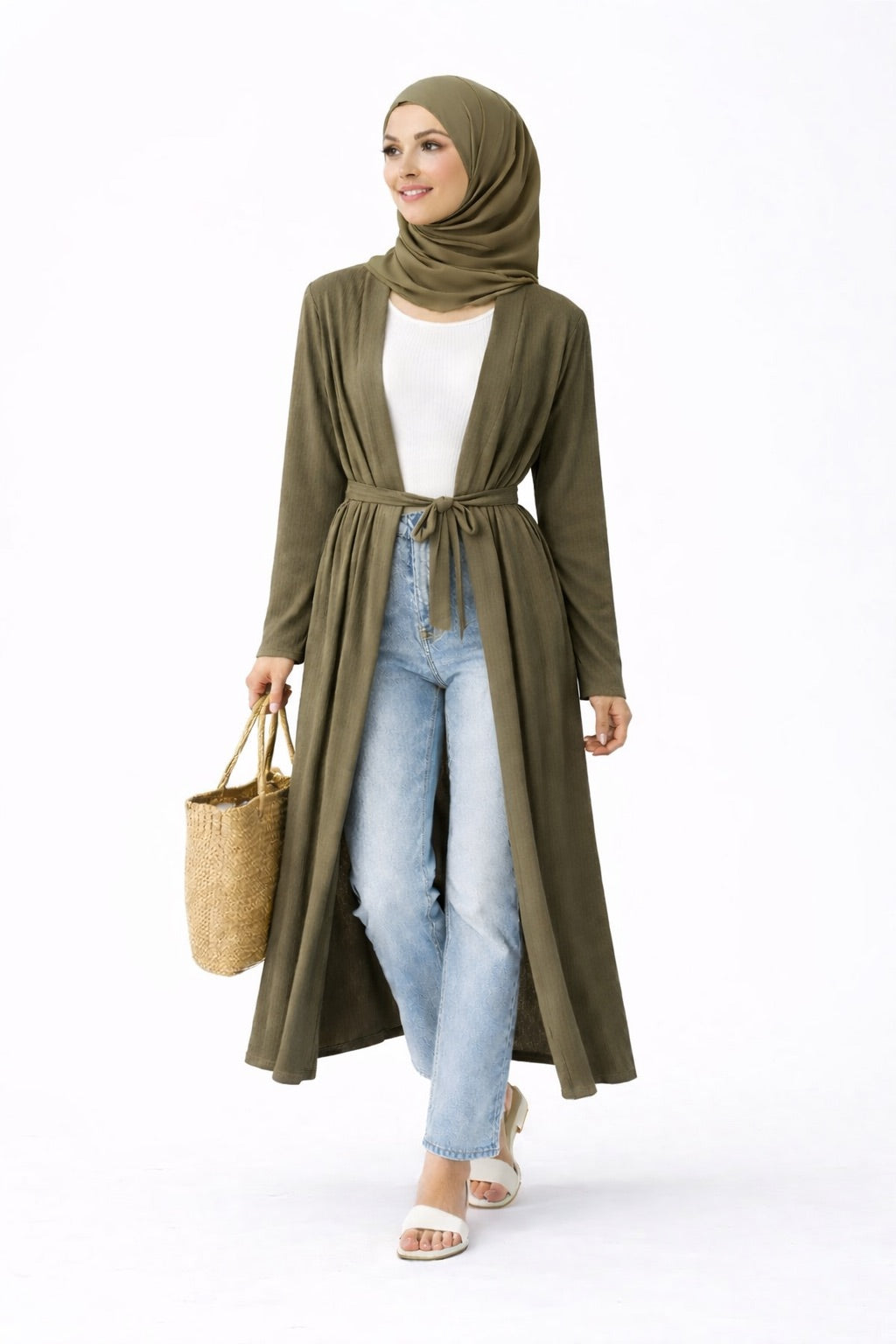 Plain Ribbed Longline Belted Cardigan
