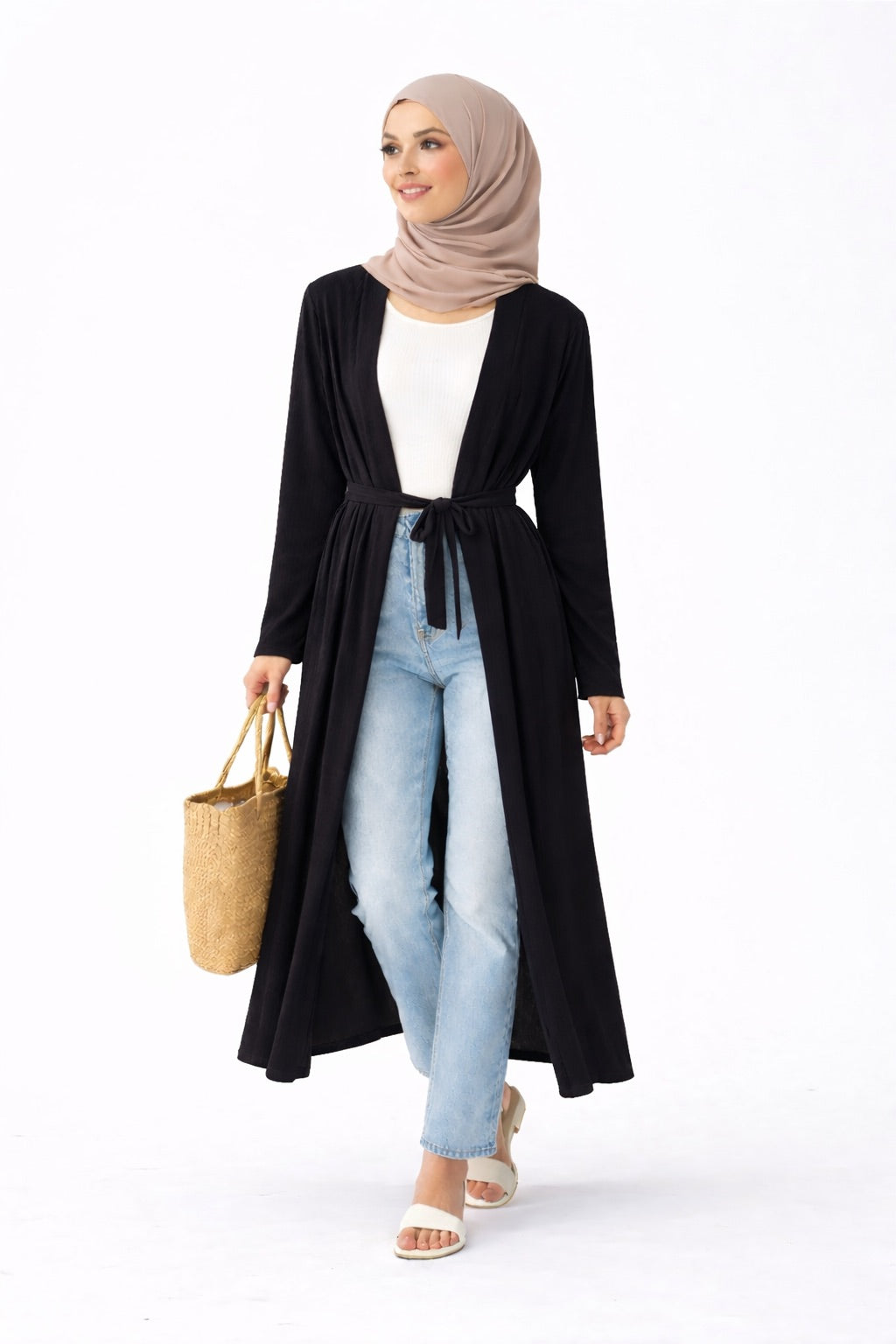 Plain Ribbed Longline Belted Cardigan