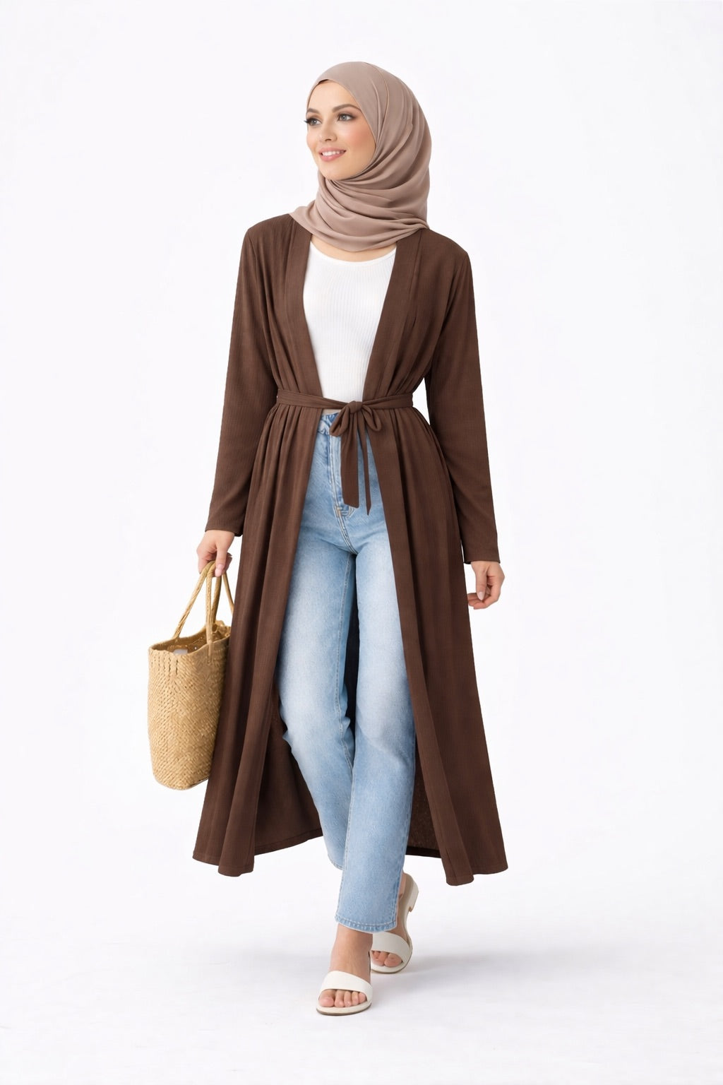 Plain Ribbed Longline Belted Cardigan