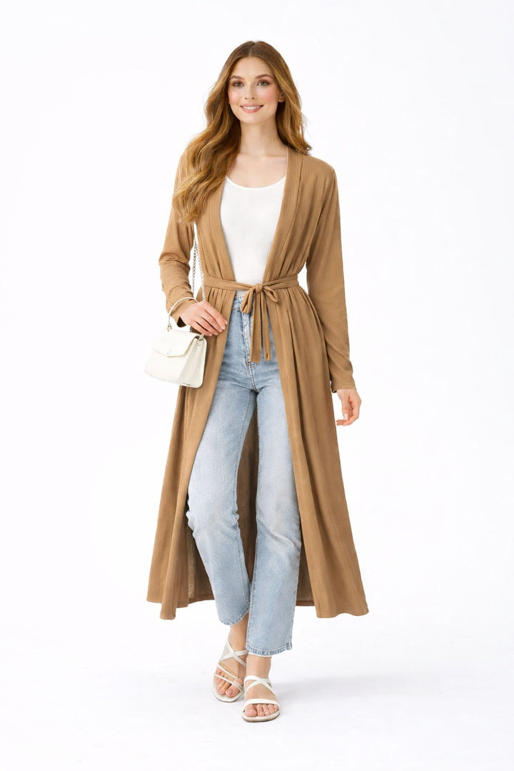 Plain Ribbed Longline Belted Cardigan