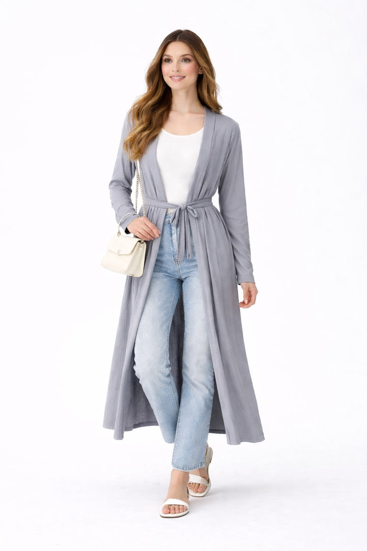 Plain Ribbed Longline Belted Cardigan