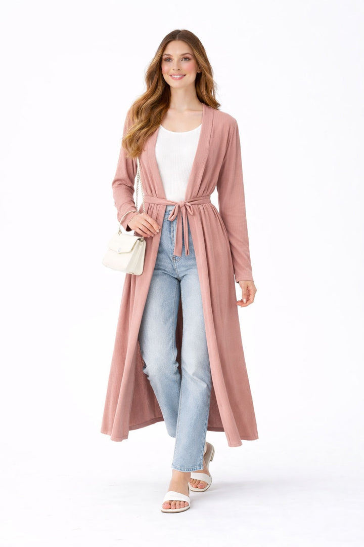 Plain Ribbed Longline Belted Cardigan