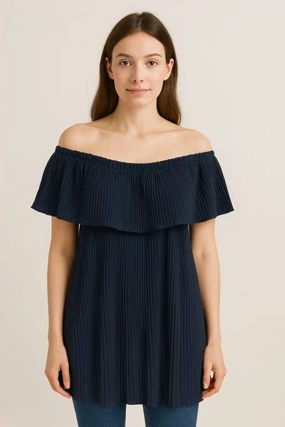 Ribbed Frill Bardot Off the Shoulder Sleeveless Top