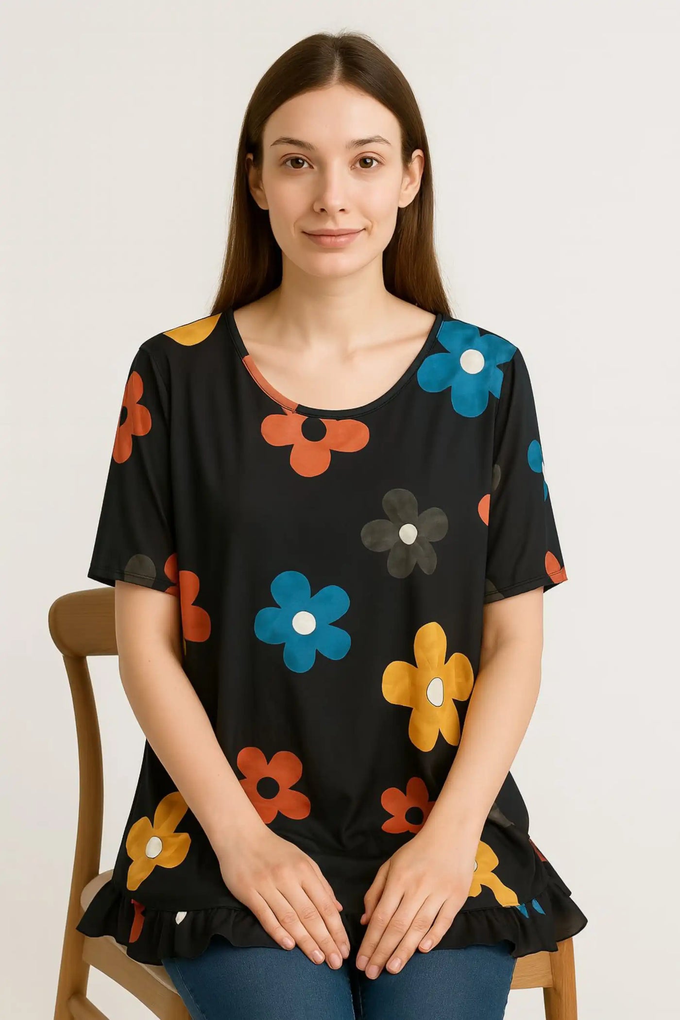 Daisy Floral Frill Hem Tunic Dress 2 Side Inside Pockets