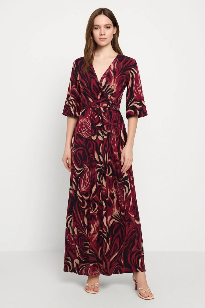 Printed Tie Front Wrap Over Elasticated Waist Frill Short-Sleeve Maxi Dress