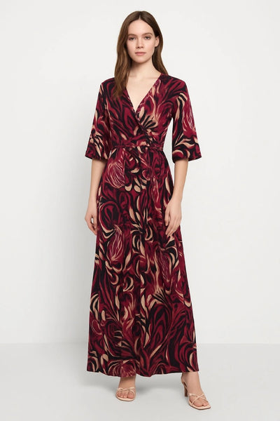 Printed Tie Front Wrap Over Elasticated Waist Frill Short-Sleeve Maxi Dress