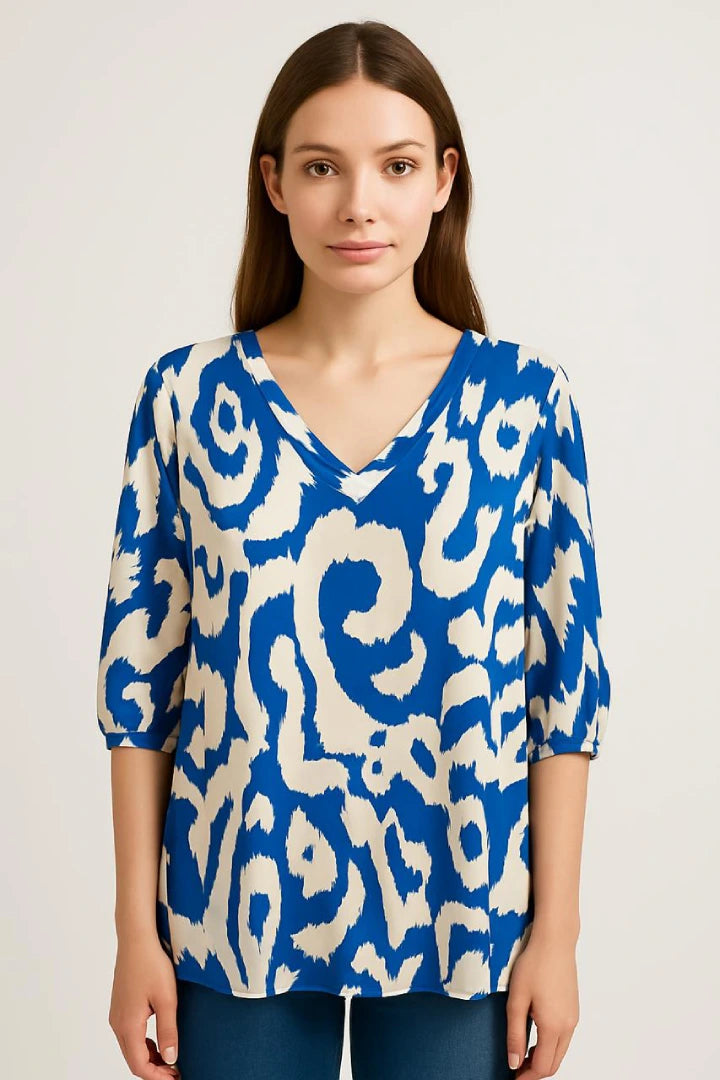 Printed V-neck Grandad Collar Turn-up Sleeve Dip Hem Tunic Top