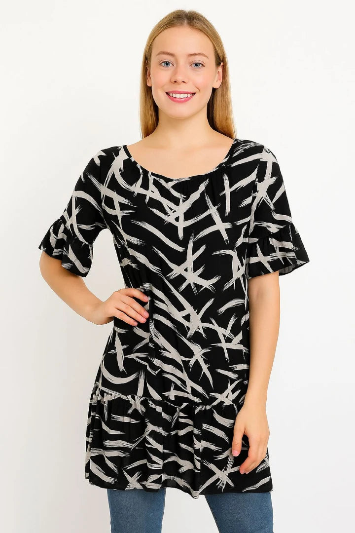 Off shoulder Printed Frill Short Sleeve Lining Inside Midi Dress