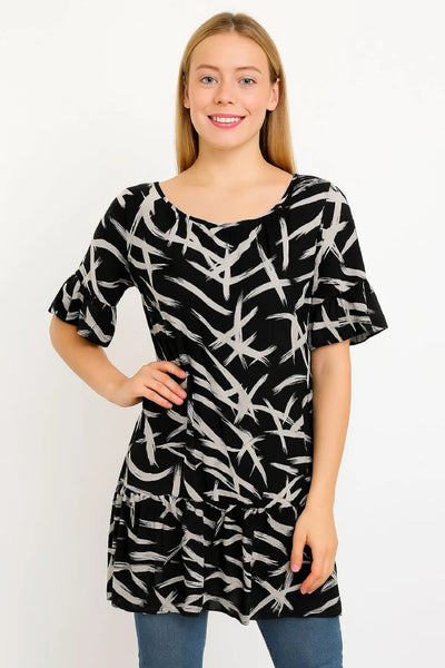 Off shoulder Printed Frill Short Sleeve Lining Inside Midi Dress