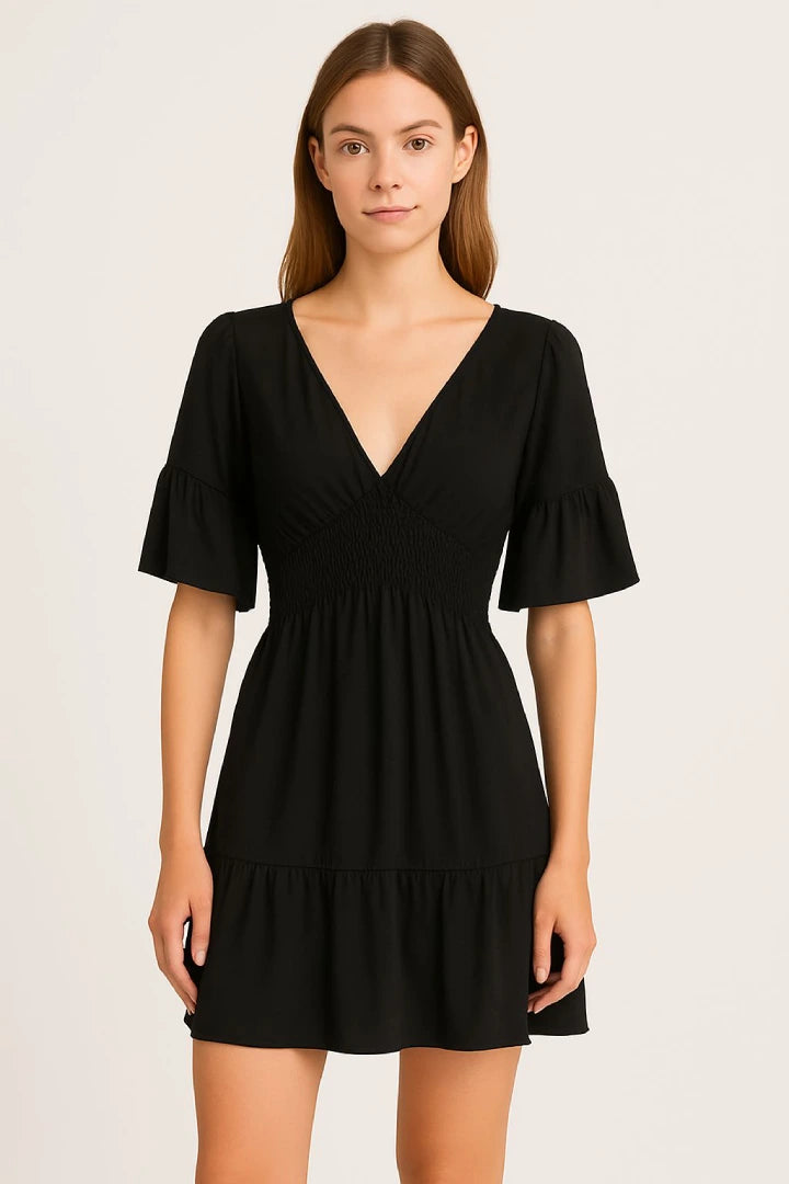 V-Neck Frill Short Sleeve Shirred Elasticated Waist Mini Dress